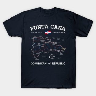 Punta Cana Dominican Republic Travel Map Flag Coordinates Roads Rivers and Oceans T-Shirt